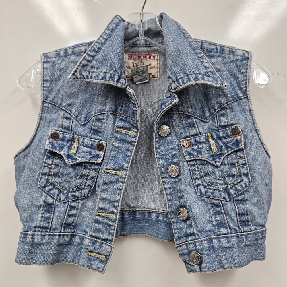True Religion Trucker Vest Jimmy Crop Wash Denim Flap‎ Pocket Logo Collared Y2K